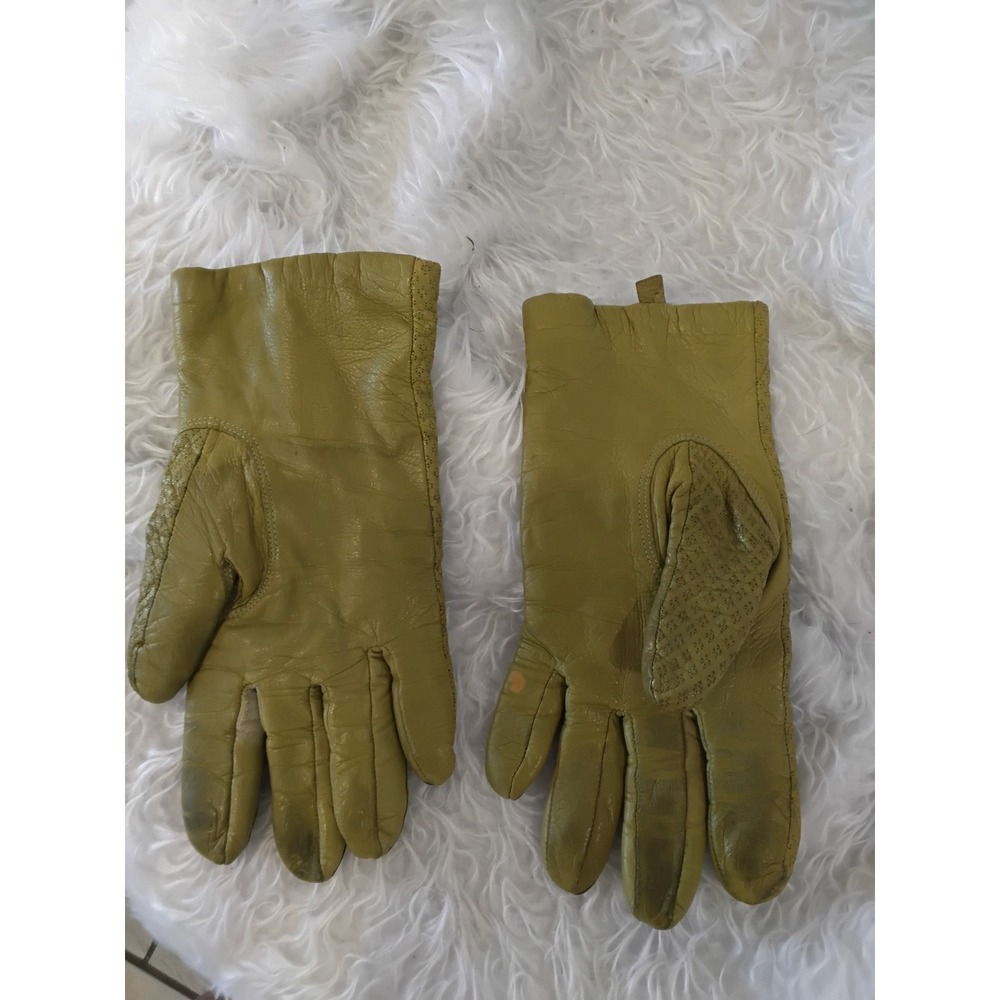 Vintage Chartreuse Green Leather Gloves Perforated Pattern Black Knit Lining